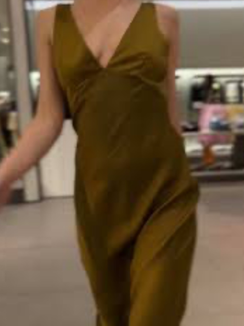 NWT!! Zara Olive-Gold Satin V-Neck Maxi Dress - Picture 5 of 8